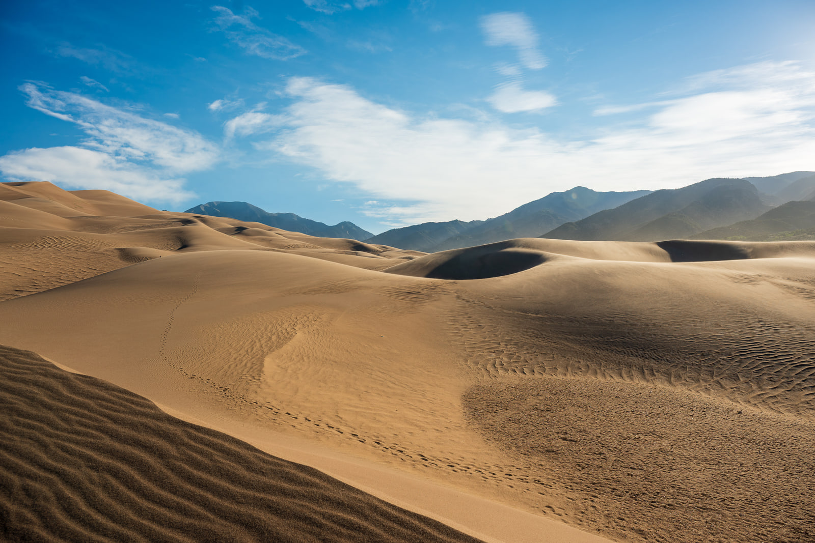 Sweeping curved sand dune ridges in warm low light lead toward a shadowed mountain range under a blue sky with streaked clouds.